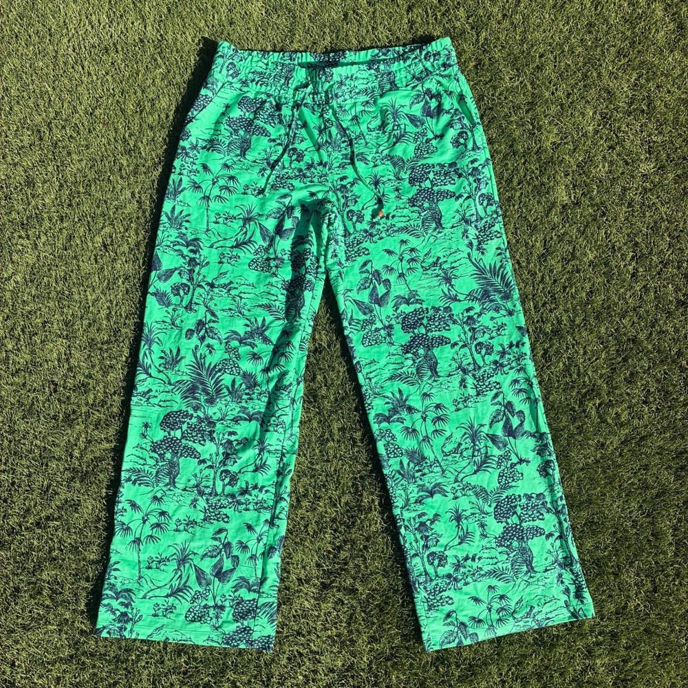 Belle Beach Kim Gravel Green Tropical Toile Wide Leg Drawstring Pants Large